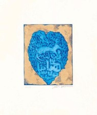 Hassan Fathi 60x50 cuore blu Acquaforte Acquatinta Retouchè foglia oro