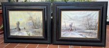 COPPIA DIPINTI OLIO SU TELA - PAESAGGIO INVERNALE FLUVIALE - CAVALLI - ANNI '30