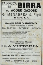 PUBBLICITA' 1925 G.MENABREA BIRRA BIELLA  ACQUA VITTORIA COURMAYEUR AOSTA BEER 