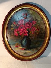 Quadro dipinto ad olio su tavola ovale soggetto Vaso con fiori..rose rosse