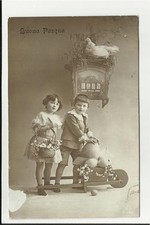 CARTOLINA ANTICA DI BUONA PASQUA CON CARRIOLA E BAMBINI
