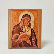 Icona Sacra Madonna con Bambino 7cm Legno Stile Ortodosso Arte Religiosa