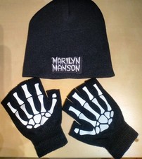 Cuffia Invernale Nera  Marylin Manson Rock  Guanti Mezze Dita Scheletro Luminoso