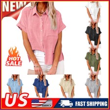 Frauen Baumwolle Leinen Casual Bluse Ladies Button T -Shirt Kurzarm Tops Tun ;