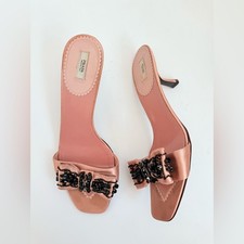 Sandali Prada Baby rosa raso impreziosito papillon retrò tacco a gattino slide EU 38,5