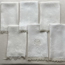 Set 6 asciugamani da tè vintage Linen motivi damascati uncinetto bordi pizzo bianco avorio
