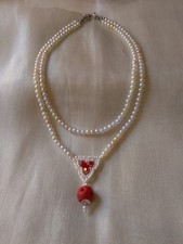 Collana Artigianale Multifilo Vintage Anni 20 Pietre Perle Corallo Rosso 