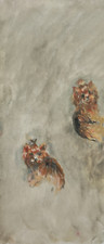 Quadro Dipinto ACQUERELLO Figura di Cani Cagnolino YORKSHIRE Opera vintage rara