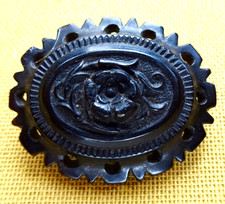 antica spilla vittoriana in corno intagliato getto fiore nero rosa inglese -362