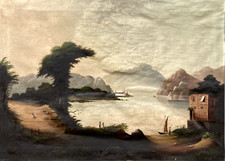 Quadro A 19. Secolo Spätromatiker Naiv Paesaggio Alpino Am See 65,5 X 91,5 CM