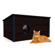 QLS Cuccia per Gatti in Legno 73x52x38 cm con Tenda Resistente alle Intemperie Isolata Marrone Scuro