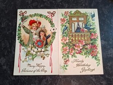 Vintage Embossed Gilded Birthday Postcard Victorian Children Flowers Birds