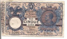 ITALY, 5 LIRE, P#23, 1904-25