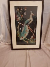 Quadro Vintage Arte Orientale Con Piume D'uccello Rappresentante Un PAVONE 