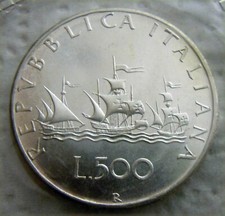 Moneta Argento 500 Lire Italia 1980 Navi Colombo 11g .835 Argento. 29,3 mm  