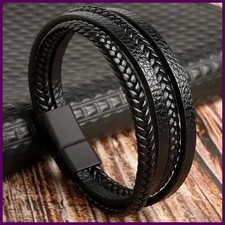 Bracciali in pelle trendy uomo acciaio inox multistrato corda intrecciata