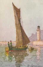 C2- Cp Cartolina Illustrata Paesaggio Marino con Barca a vela e faro - Fp Nvg