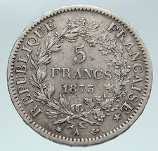 1875 A FRANCIA Gruppo Ercole Antica VINTAGE Argento 5 Franchi Moneta Francese i86343