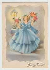 BUON NATALE CARTOLINA FG VG - DAMA AZZURRO LAMPIONE NEVE AGRIFOGLIO STELLA