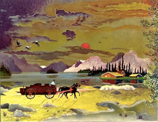 Opera su lastra d'oro - Carro trainato da cavalli al tramonto