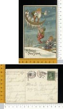 V3566] BUON ANNO NUOVO - SCENA GNOMI ELFI SU LUNA CON MONETE - RILIEVO 1910