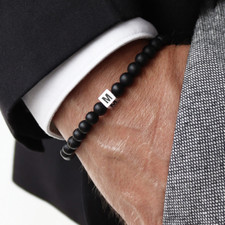 Bracciale con INIZIALE cubo 6mm Lettera Perle Nero braccialetto nome Uomo Donna