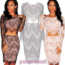 Completo donna top gonna pizzo ricamo elegante party cerimonia nuovo DL-1501