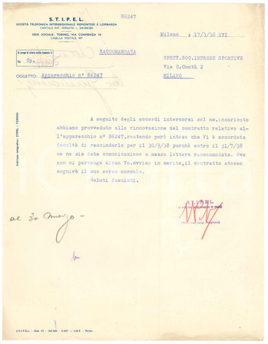 1938 milano stipel lettera per - milano,