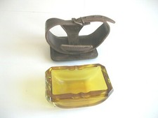 ANTICO POSACENERE IN CRISTALLO E SUPPORTO IN PELLE vintage particolare raro