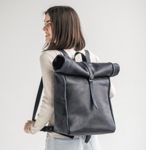 Zaino roll top pelle blu - zaino,