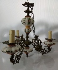 Antico Lampadario in Ottone e Ceramica Smaltata Italia Primi '900,3 Luci.
