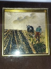 Quadro Foglia D'oro Su Lamina D'argento 925 Contadino A Lavoro