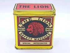 SCATOLA DI LATTA-FIAMMIFERI THE LION-SAFETY MATCHES-MADE SWEDEN-TIN BOX-VINTAGE