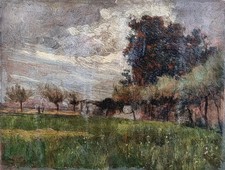 Alberto Grosso ( Torino 1860 - Sanremo  1928 ) Paesaggio Piemontese, olio tavola