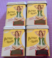 Quattro scatoline latta caramelle Leone (vuote) ragazza su macchina da scrivere