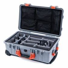 Custodia Silver & Orange Pelican 1510 con divisori grigi e organizer coperchio in rete.