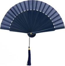 Ventaglio Da Borsetta Pieghevole Color Blu Notte in Legno E Seta Con Custodia