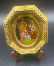 Quadro miniatura vintage olio sul rame scena romantica in parco in ovale firmato