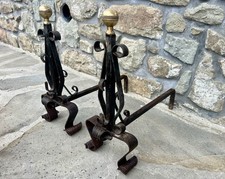 ANTICA COPPIA DI ALARI 50 CM PER CAMINO IN FERRO CON POMELLO OTTONE