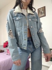 Giacca Jeans Denim Donna  Colletto Pellicciotto Strappi  Giubbotto Boohoo S