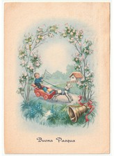 1967 Pasqua cartolina vintage paese di campagna bambino carretto uova campana