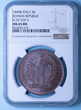 II° REPUBBLICA ROMANA 3 BAIOCCHI 1849 BOLOGNA RARO FDC SLAB MS 65 BN RAME COPPER