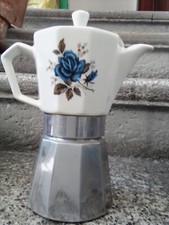 Caffettiera ALPU alluminio e ceramica decoro rose blù, 6 tazze vintage