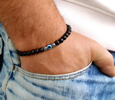 Bracciale Occhio turco di allah Perle Nero Acciaio braccialetto Evil Eye da Uomo