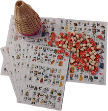 Tombola Classica Napoletana Cesto in Vimini Numeri in Legno 48 Cartelle