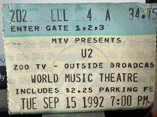Biglietto U2 stub 1992 World Music Theatre 15/09/92 ZOO TV