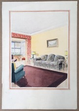 Acquerello Originale André Roy Progetto Architettura Decorazione Salotto Anni 40