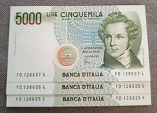 LOTTO BANCONOTE 5000 LIRE BELLINI LETTERA D 1996 CONSECUTIVE DA MAZZETTA FDS
