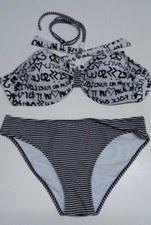Costume donna bikini, bianco con scritte e righe nere, tg 48