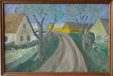 Quadro A Naiver Espressionista Strada di Campagna Con Gialli Case 47,5 X 69,5 CM